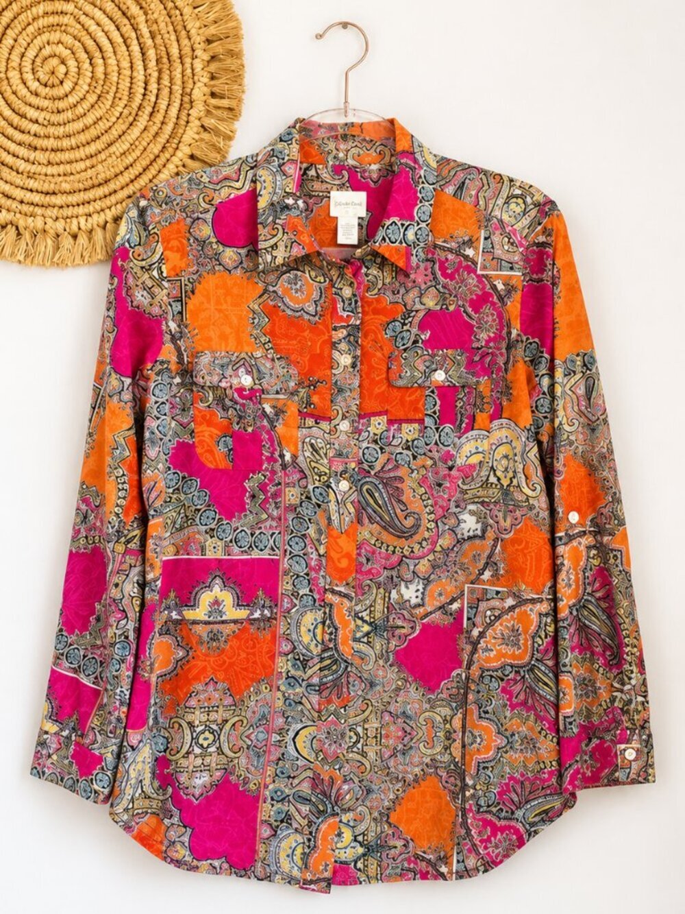 Chico's Vibrant Boho Patchwork Paisley Button Front Long Sleeve Shirt SZ Small